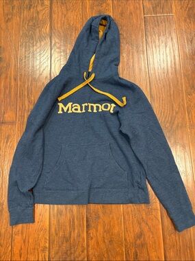 Mens Marmot Navy Pullover Hoodie with Gold Accents